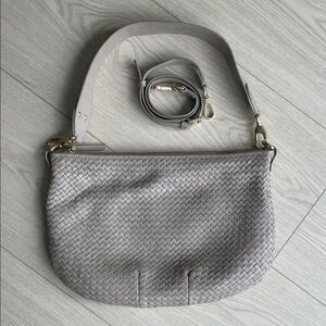 Quince Italian Leather Convertible Crescent Handwoven Shoulder Bag Taupe